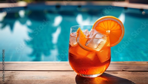 Drink Aperol Spritz Com Laranja E Cubos De Gelo Em Uma Linda Taca A Beira Da Piscina Em Uma Mesa De Madeira Espaco Para Texto