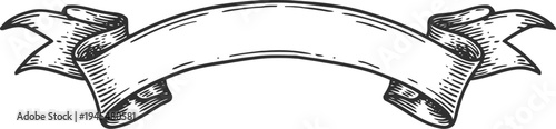 Vintage curved ribbon banner with detailed shading and curled ends in black and white engraving