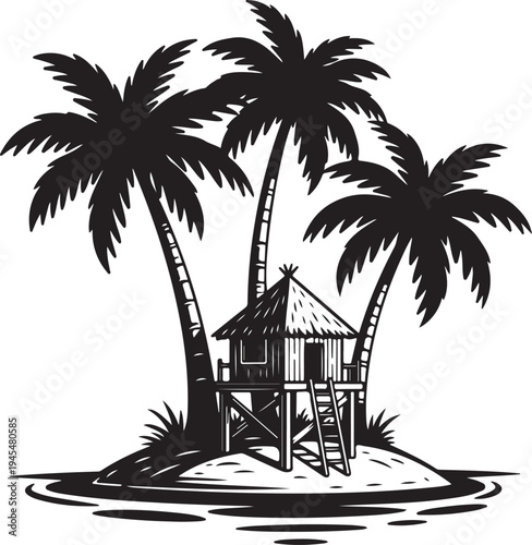 Tropical island hut with palm trees on sandy beach