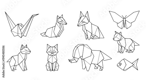 origami animals line art set, black outline vector collection, crane, fox, butterfly, elephant, cat, fish, folded paper geometric animals, minimal clean stroke