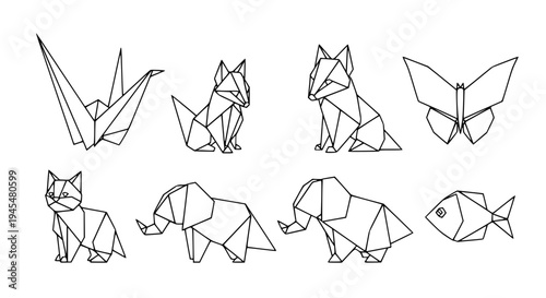 origami animals line art set, black outline vector collection, crane, fox, butterfly, elephant, cat, fish, folded paper geometric animals, minimal clean stroke