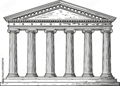 Classical greek temple facade with six ionic columns and triangular pediment architectural element