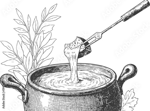 Cheese fondue pot with melted cheese and dipping bread fork, traditional swiss meal illustration