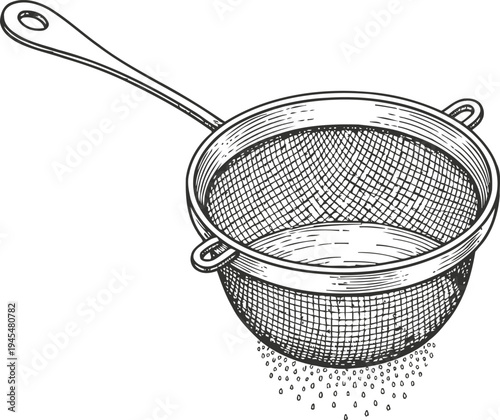 Vintage kitchen sieve illustration hand drawn metal strainer with handle for cooking and baking