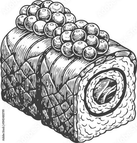 Sushi roll with fish roe and rice, japanese cuisine illustration in vintage sketch