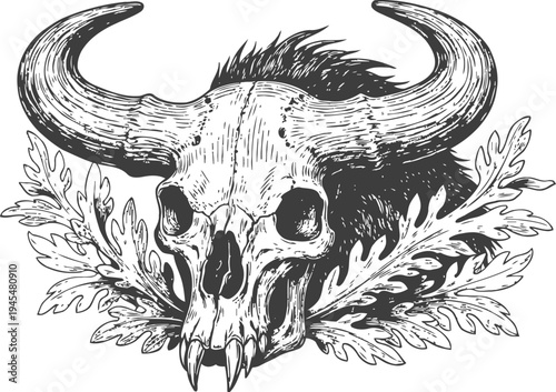 Detailed buffalo skull with large horns and sharp teeth surrounded by decorative oak leaves vintage illustration