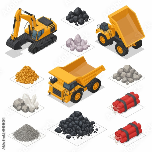 Mining and construction equipment with various raw materials and explosives.