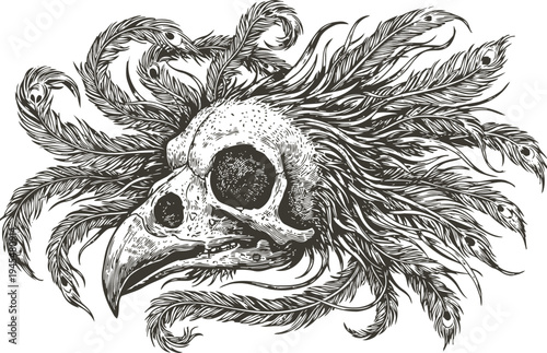 Intricate bird skull with detailed feathers, gothic tattoo design, dark and mysterious illustration