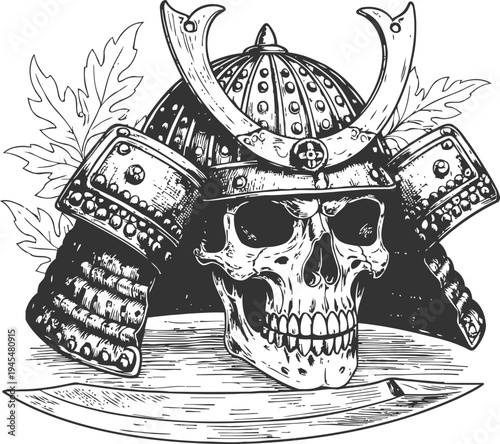 Samurai skull with traditional helmet and curved katana sword detailed black and white illustration