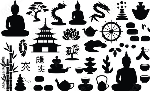 Collection of black silhouettes of Buddhist and Asian cultural symbols on white background vector