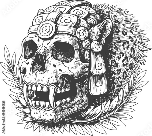 Aztec skull with jaguar headdress detailed black and white illustration, tribal warrior ancient symbol