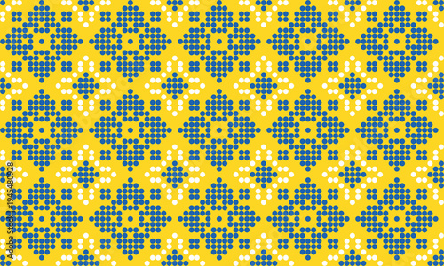 Seamless Ukrainian embroidery pattern with yellow and blue cross stitch ornament on white background. Traditional folk design inspiyellow by vyshyvanka needlework, perfect for textile, fabric