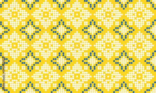 Seamless Ukrainian embroidery pattern with yellow and blue cross stitch ornament on white background. Traditional folk design inspiyellow by vyshyvanka needlework, perfect for textile, fabric