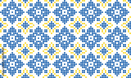 Seamless Ukrainian embroidery pattern with yellow and blue cross stitch ornament on white background. Traditional folk design inspiyellow by vyshyvanka needlework, perfect for textile, fabric