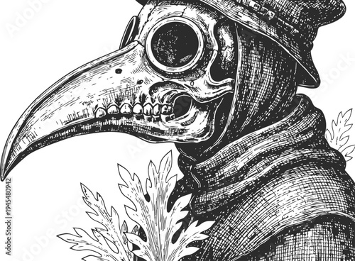 Vintage plague doctor with beaked mask and wide brimmed hat detailed line art illustration