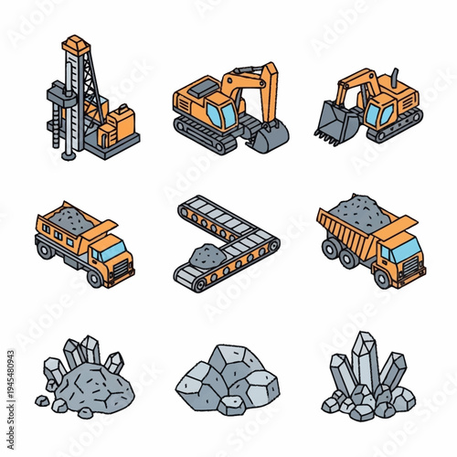 Mining and construction equipment with various rocks and minerals in an isometric cartoon style.