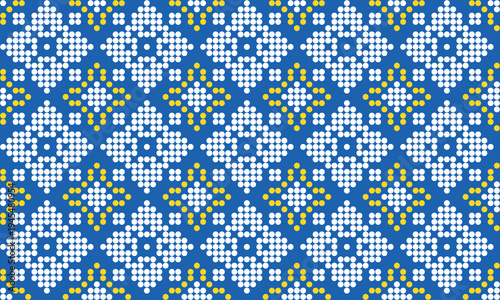 Seamless Ukrainian embroidery pattern with yellow and blue cross stitch ornament on white background. Traditional folk design inspiyellow by vyshyvanka needlework, perfect for textile, fabric