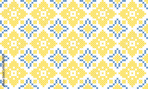 Seamless Ukrainian embroidery pattern with yellow and blue cross stitch ornament on white background. Traditional folk design inspiyellow by vyshyvanka needlework, perfect for textile, fabric