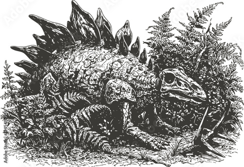 Stegosaurus dinosaur skeleton lying among ferns and prehistoric plants detailed black and white illustration