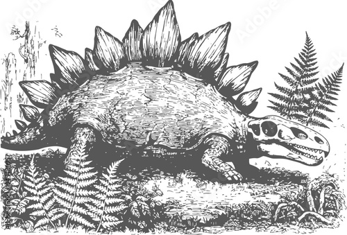 Stegosaurus dinosaur with spiked tail and plates among ferns detailed black and white sketch