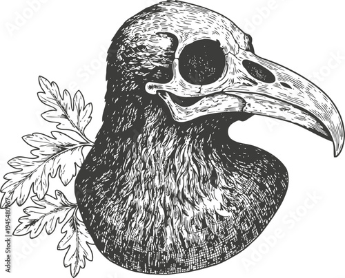 Vintage engraving of a raven skull with oak leaves, gothic dark art illustration