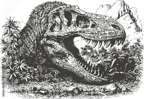 Tyrannosaurus rex skull illustration with open jaws among prehistoric plants and rocks