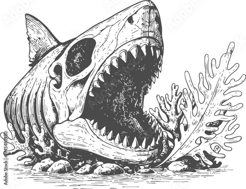 Shark skull underwater with open jaws surrounded by coral and ocean rocks in detailed sketch