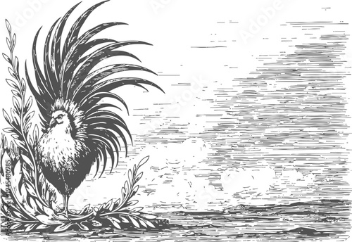 Rooster standing on grass with detailed feathers and foliage, countryside landscape background