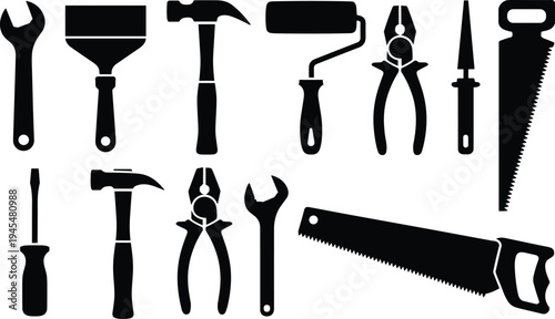 Collection of Black Silhouette Icons of Various Hand Tools and Painting Supplies on a White Background