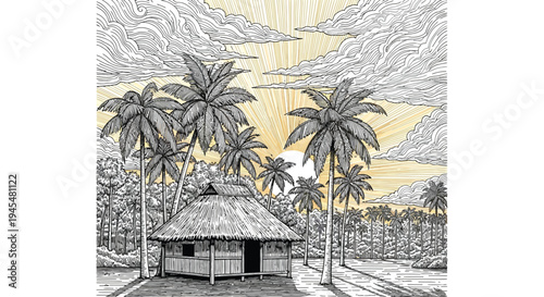 Vector illustration of a tropical hut with palm trees