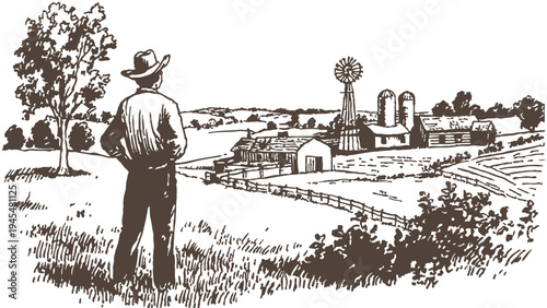 Farmer looking at farm with barns windmill. Background for agriculture, rural themes. Illustration executed in traditional hand drawn pencil sketch style showing countryside overview.