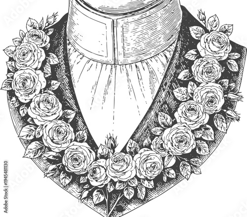 Floral collar decoration with roses and leaves, vintage victorian costume accessory illustration