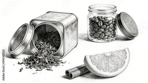 Drawn tea leaves spill from a metal can