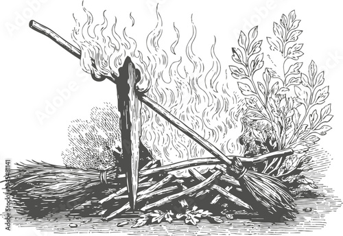 Traditional campfire with wood pile and broomstick burning illustration in vintage engraving