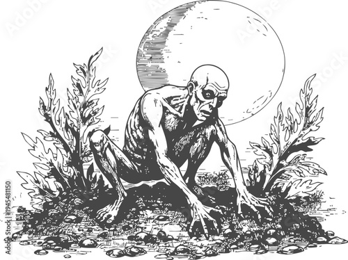 Creepy bald humanoid creature crouching on the ground under full moon with surrounding plants and rocky soil