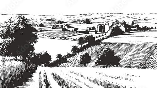Rolling farmland fields rural countryside agricultural panorama. Cultivated land with barns and silos across horizon. Background for agriculture presentation. Pencil drawing sketch style.
