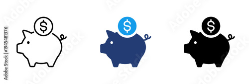 Piggy bank savings icon set with dollar coin representing financial savings, budgeting, personal finance management, and investment goals.