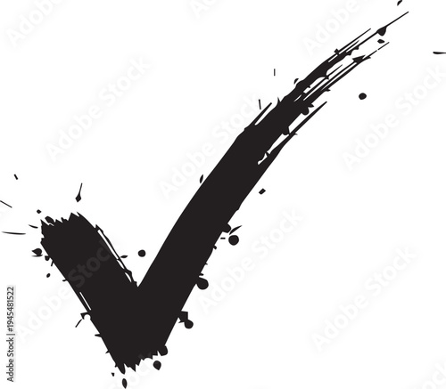 A large black check mark made with paint on a white background with splatters