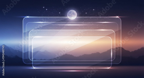 Glassy rectangular frames layered over a scenic mountain landscape at dusk with a full moon