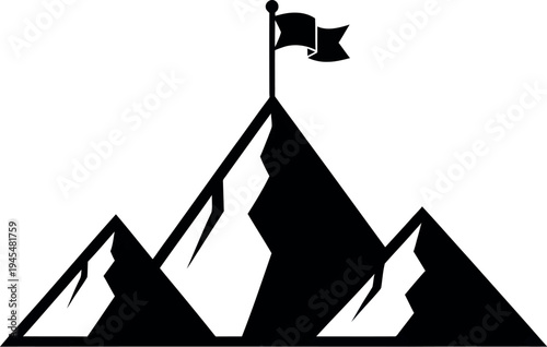 Black silhouette of mountain range with flag on top