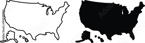 USA Map Silhouette and Outline Vector Set - United States Map Including Alaska and Hawaii for Geography and Patriotic Design