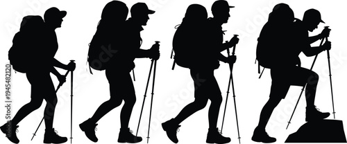Silhouette Series of a Hiker with Backpack and Trekking Poles Ascending a Rocky Terrain on a White Background