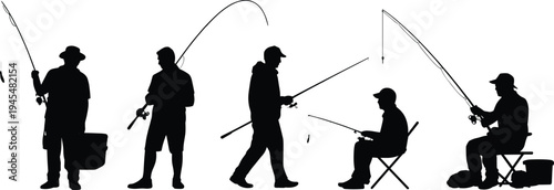 Silhouettes of five fishermen with fishing rods and gear on white background call error