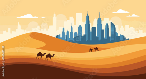 Desert landscape, city skyline, camels walking, sand dunes, urban oasis