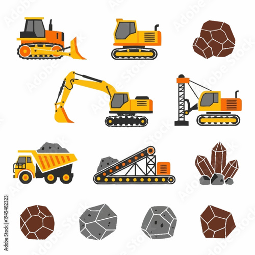 Mining equipment and various types of ore and minerals set.
