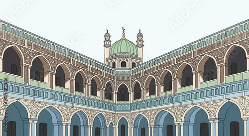 Vector illustration of Middle Eastern building with arches and dome