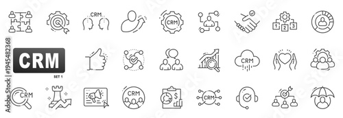 Linear icon set for CRM showing customer service