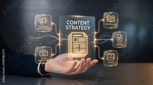 A person holding a glowing content strategy concept in their hand with various marketing icons surrounding it.