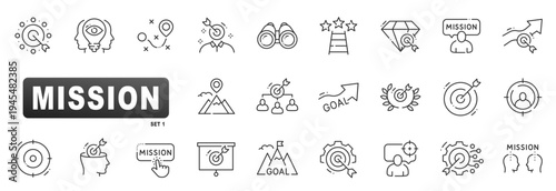 Outline icons depicting mission strategy, target objectives, direction focus