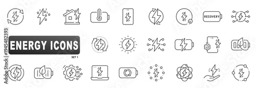 Linear outline energy icons showcasing battery charging